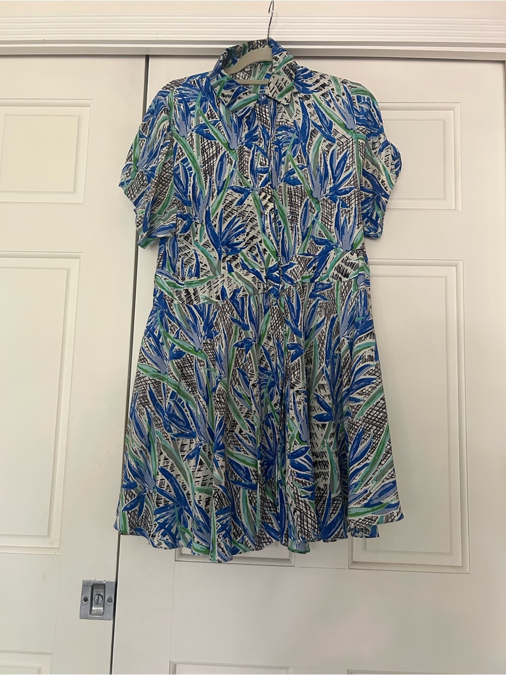 Kenzo Blue, Green & White Leaf-Print Short Dress with Button Front